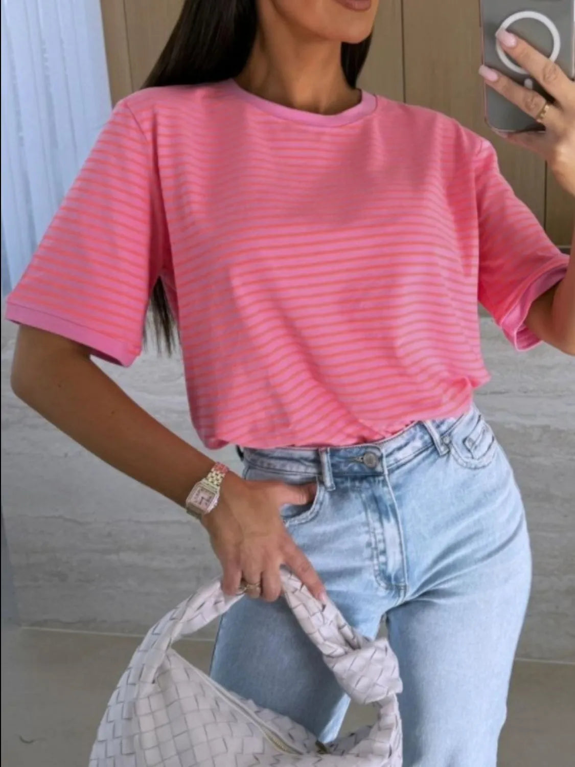 Striped Round Neck Short Sleeve T-Shirt