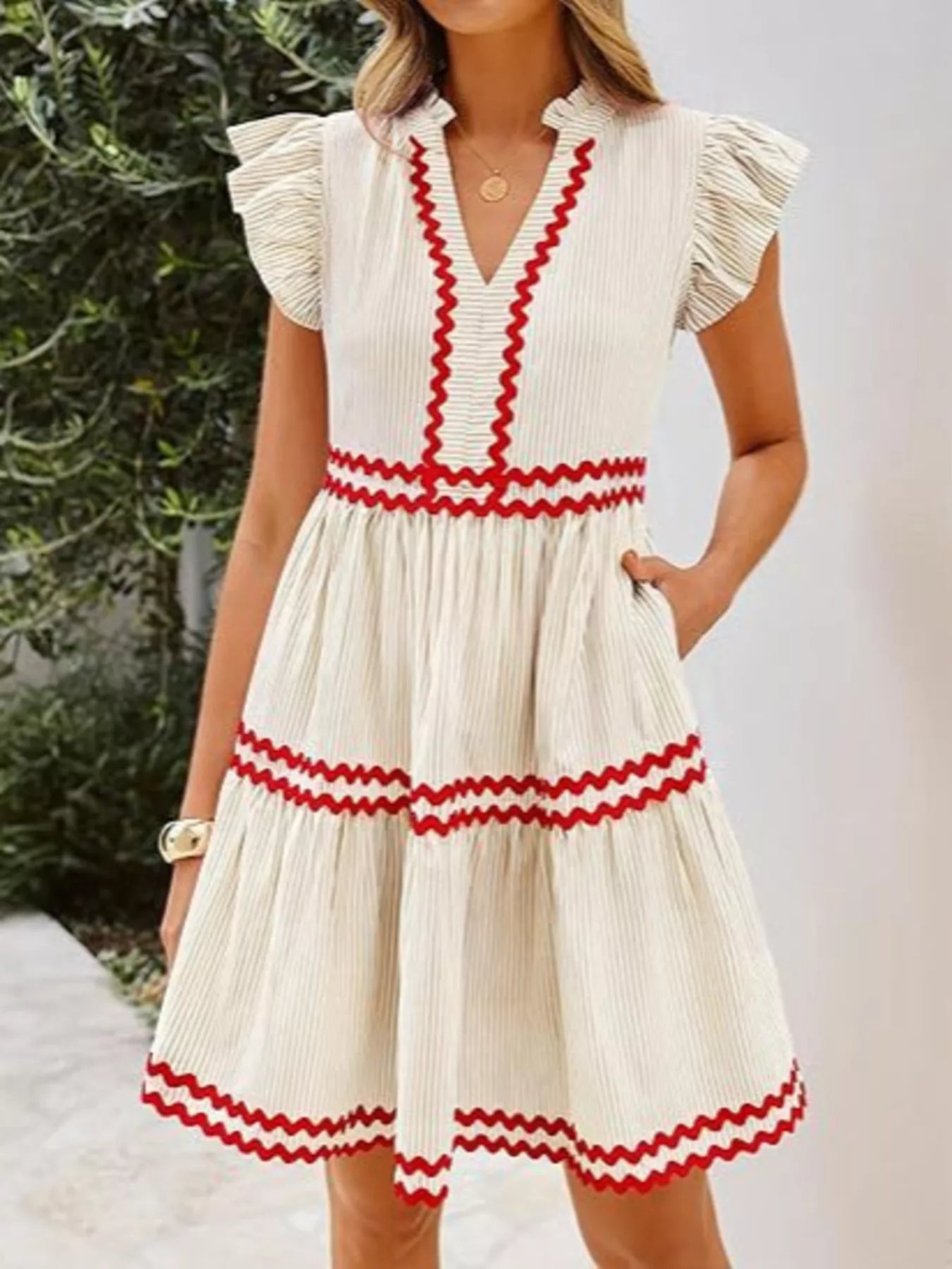 Striped Ruffle Sleeve Tiered Dress
