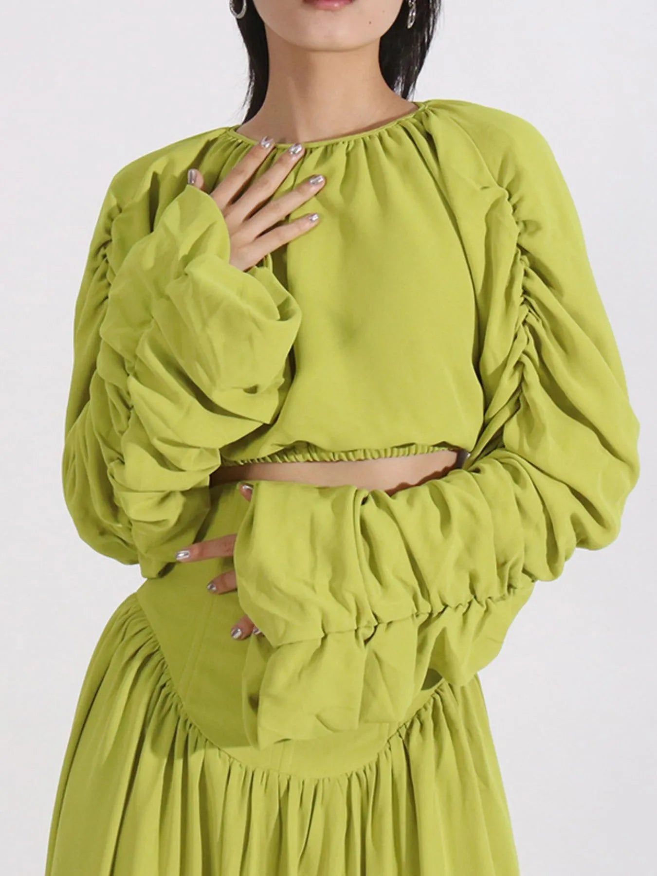 Ruched Long Sleeve Top and High Waist Skirt Set