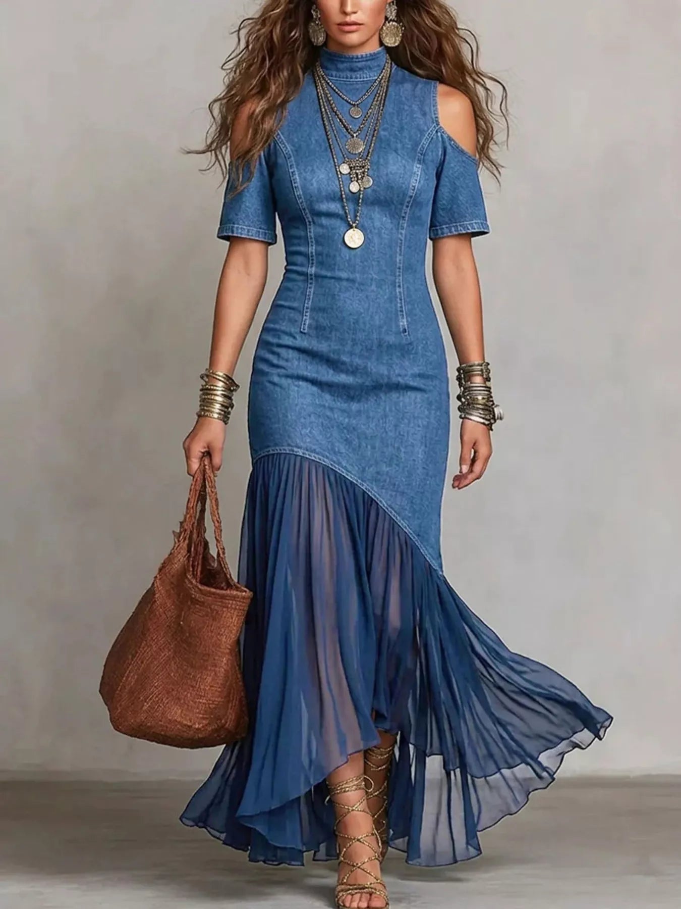 Cold Shoulder Ruffle Hem Maxi Dress