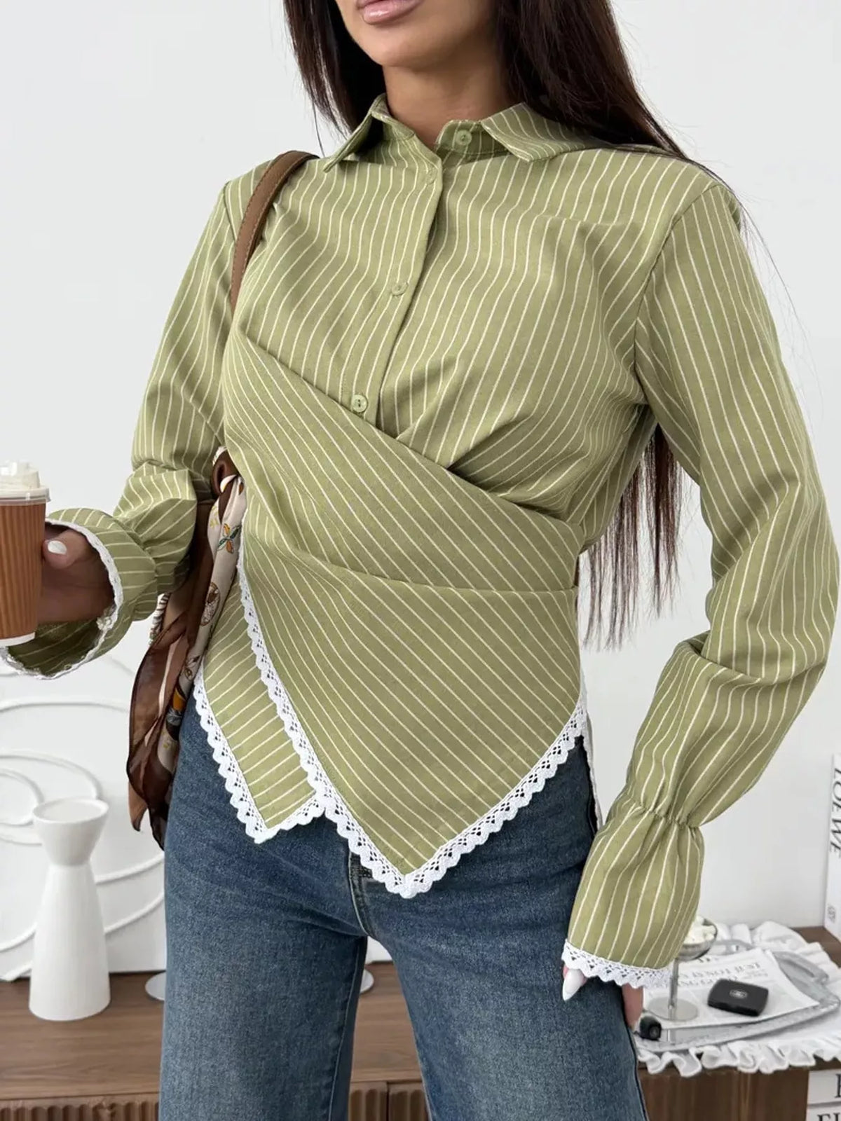 Lace Trim Long Sleeves Striped Shirt