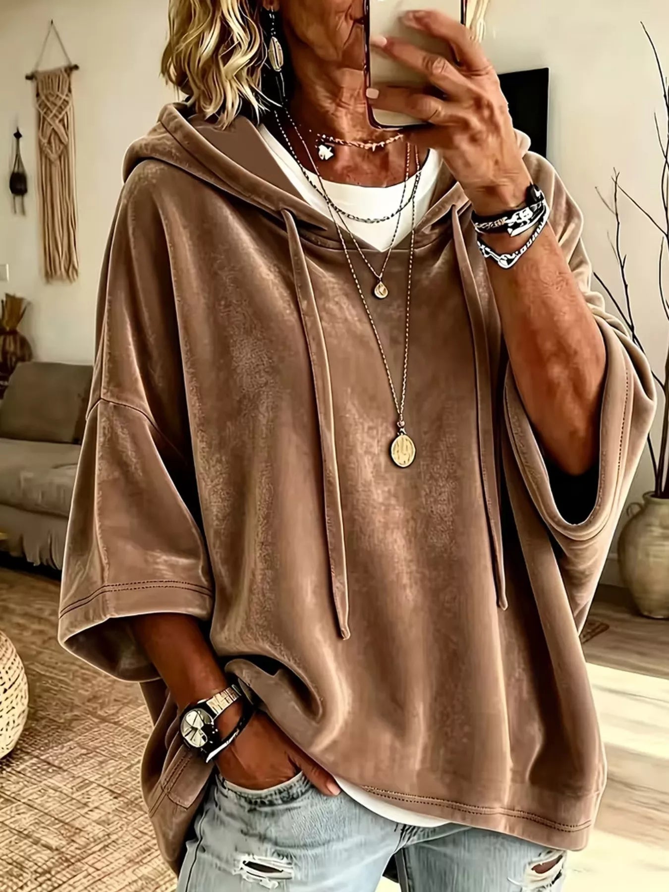 Velvet Loose Fit Hoodie with Drawstring