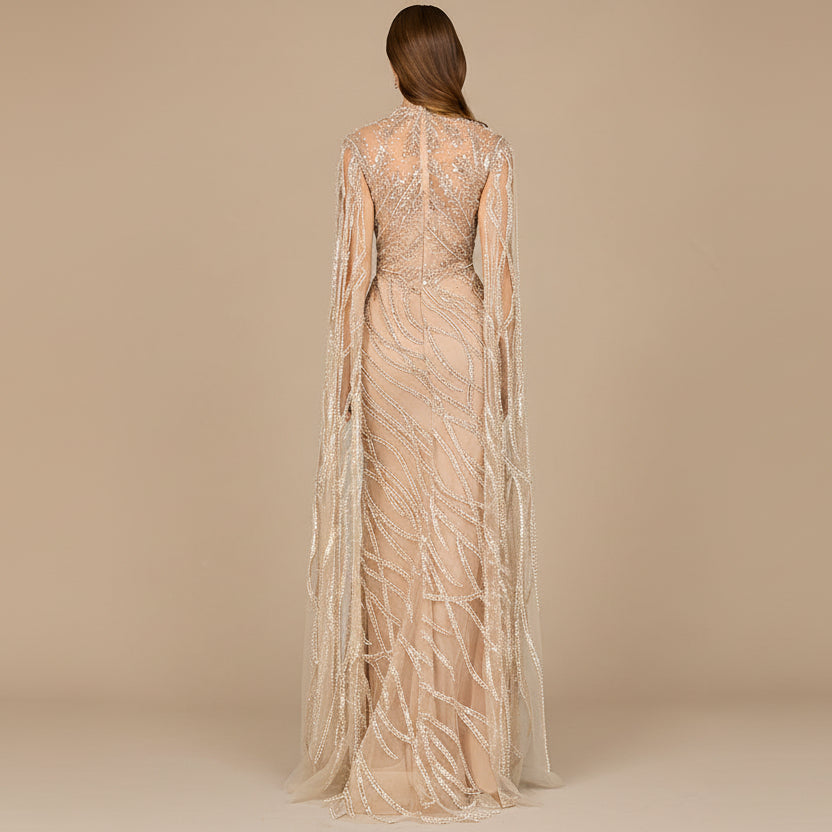 High Neck Gown with Long Cape Sleeves