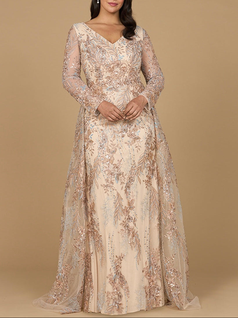 Lace Long Sleeve Gown with Overskirt