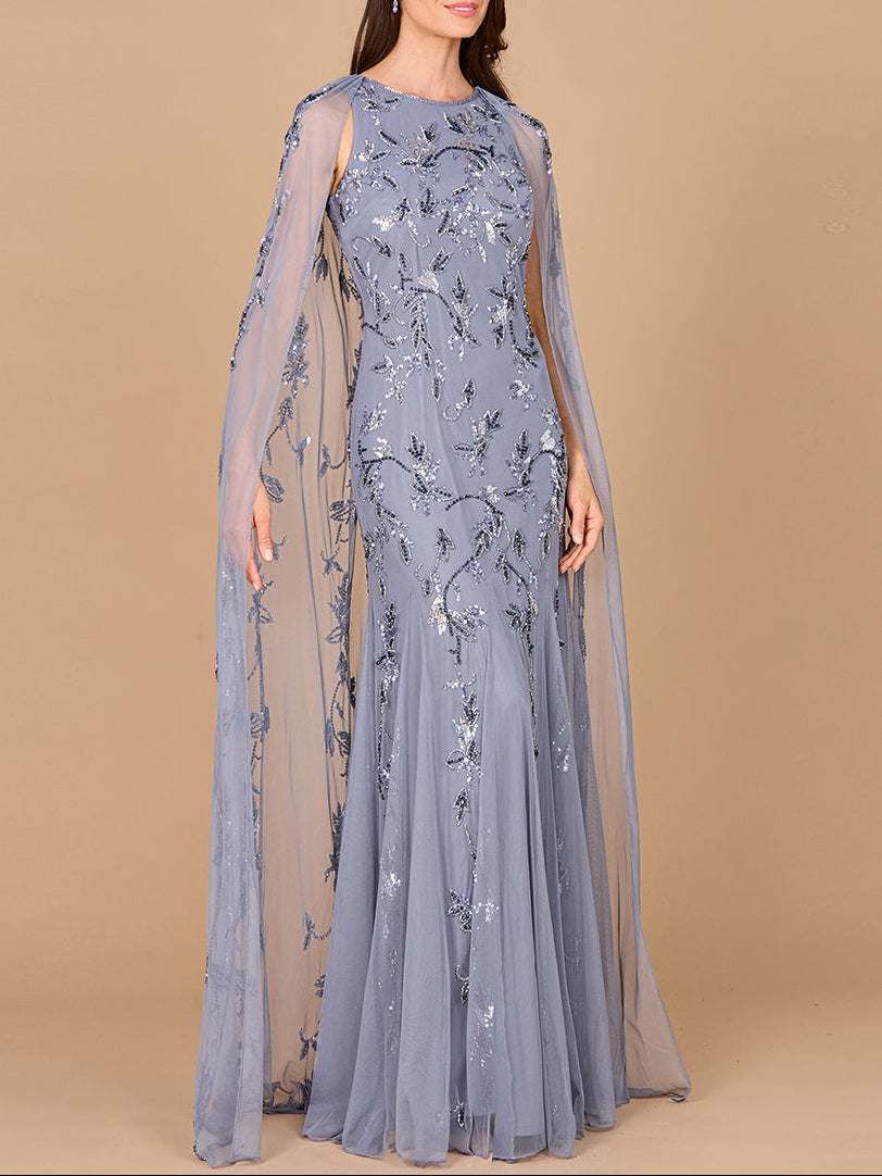 Mermaid Beaded Dress with Long Cape - OUTLET