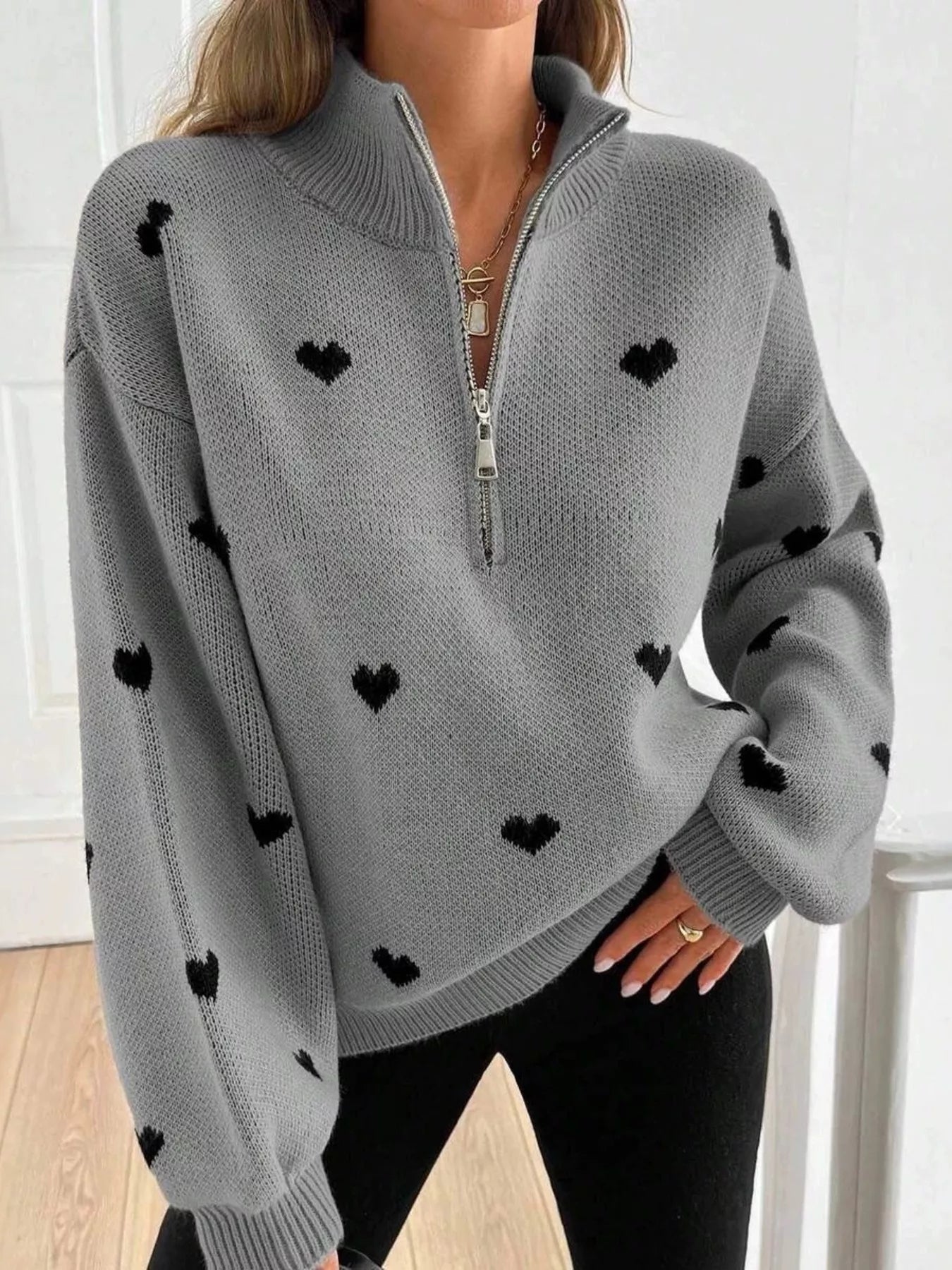 Full Size Heart Half-Zip Long Sleeve Sweater Plus Size