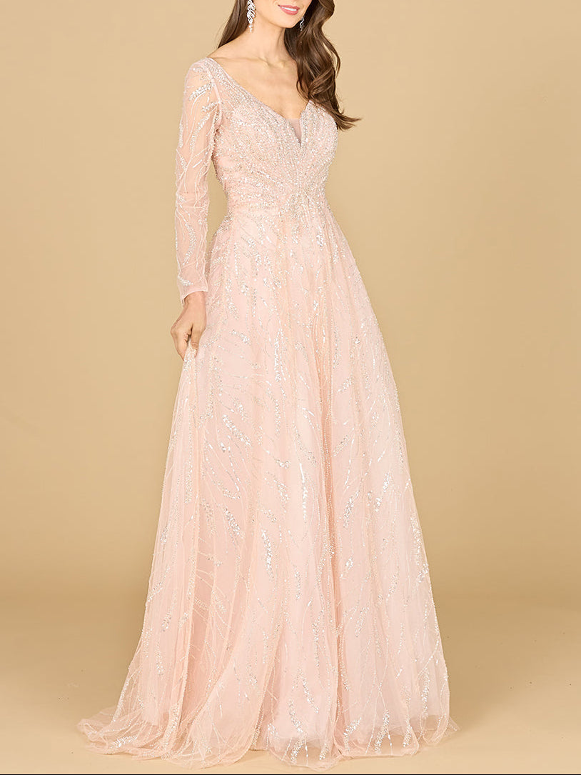 Long Sleeve Beaded Lace Gown