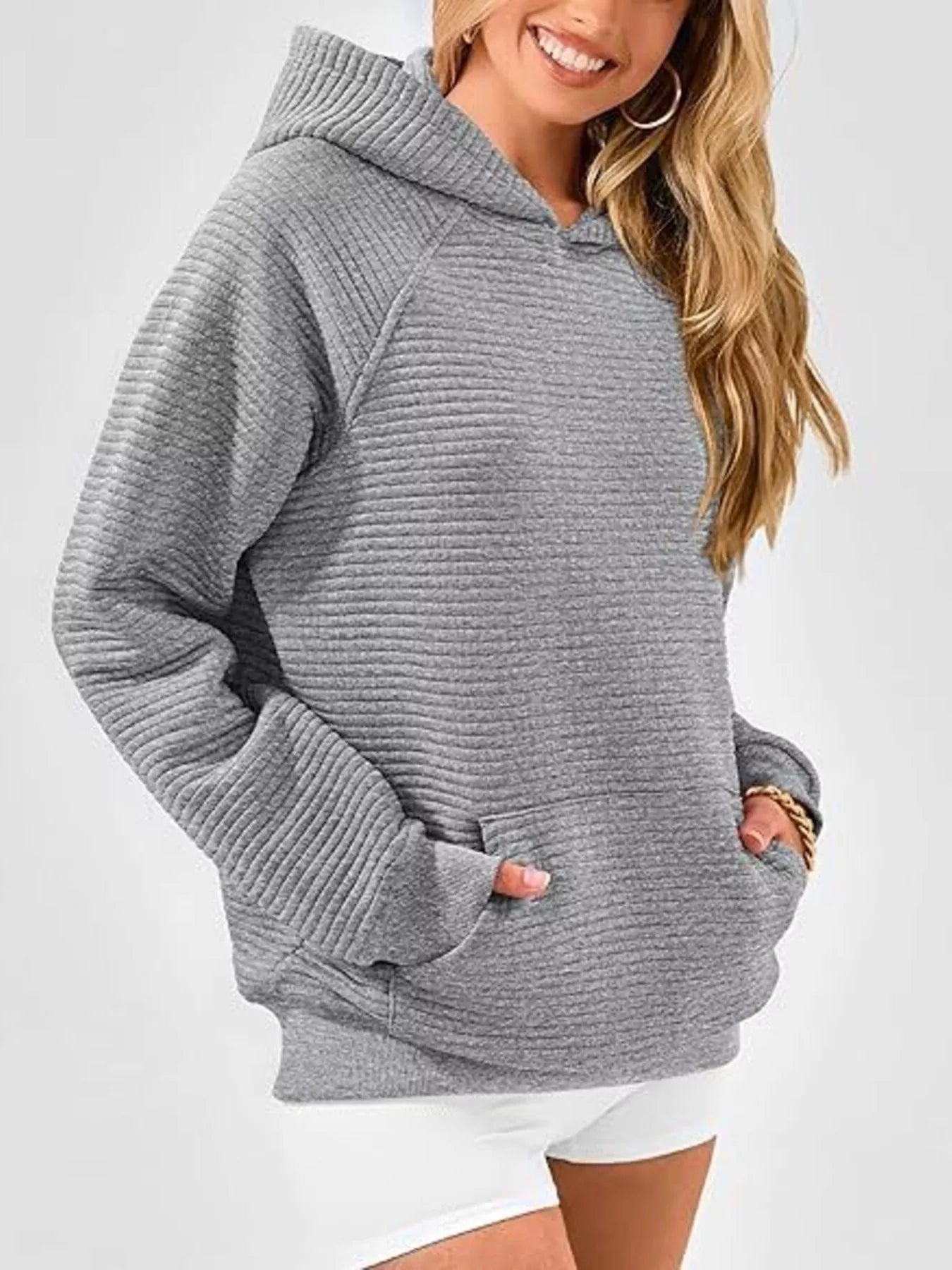 Texture Kangaroo Pocket Raglan Sleeve Hoodie