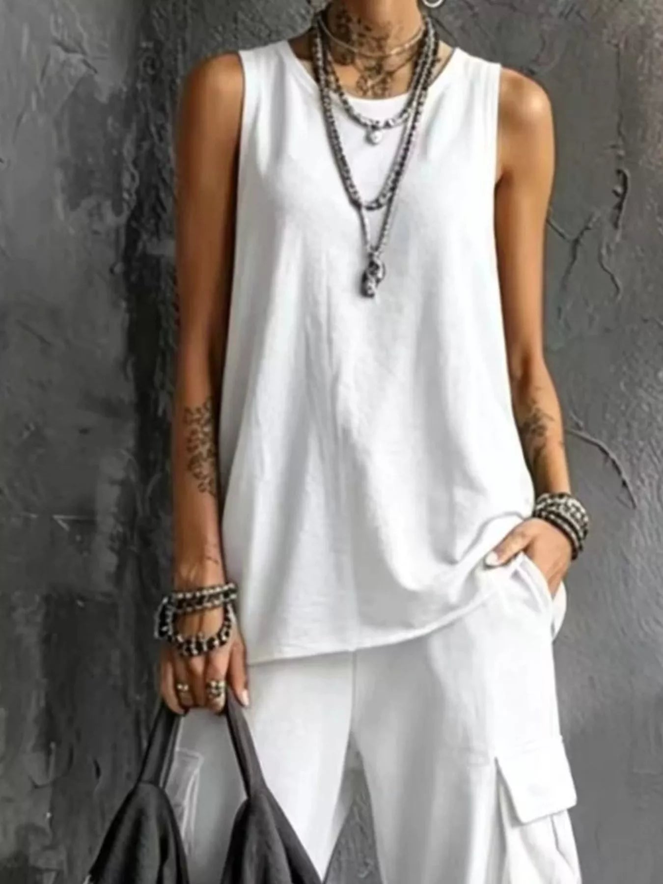 Full Size Casual Tank and Cargo Pants Set Plus Size