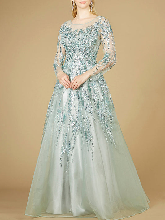 High Neck Lace Gown with Sheer Sleeves