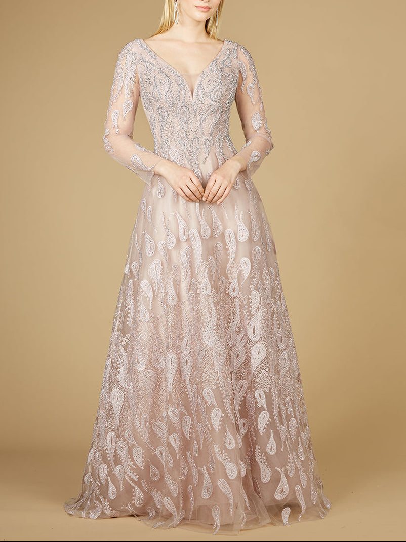 Long Sleeve V-Neck Ballgown  - OUTLET