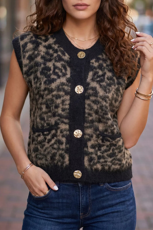 Leopard Print Knit Sleeveless Regular Wash Sweater Vest