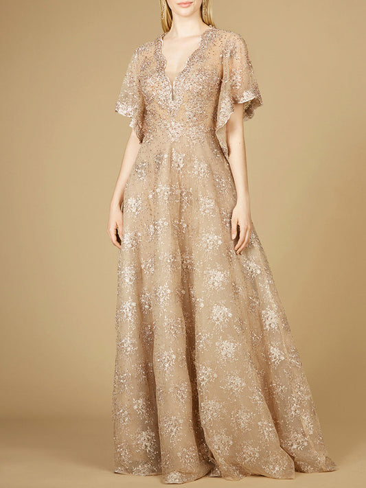 Cape Sleeve V-Neck Gown | 29237