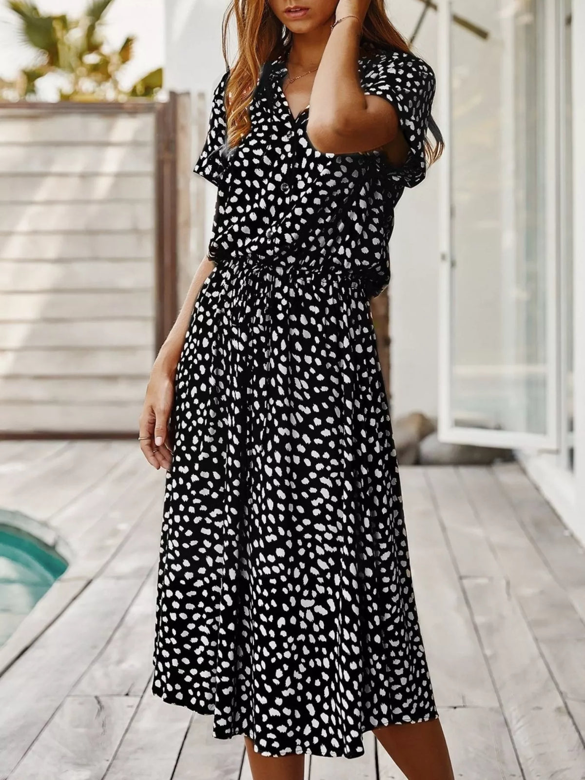 Animal Print Drawstring Waist Midi Dress