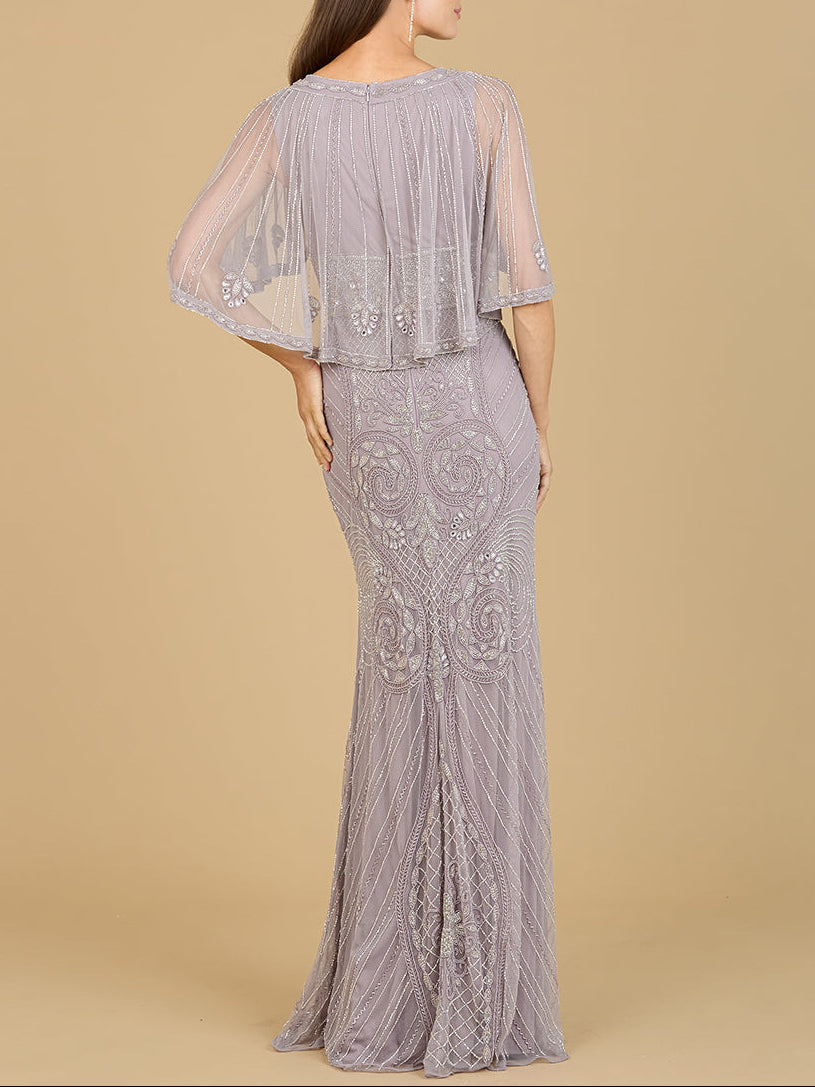 Cape Sleeve V-Neck Beaded Gown