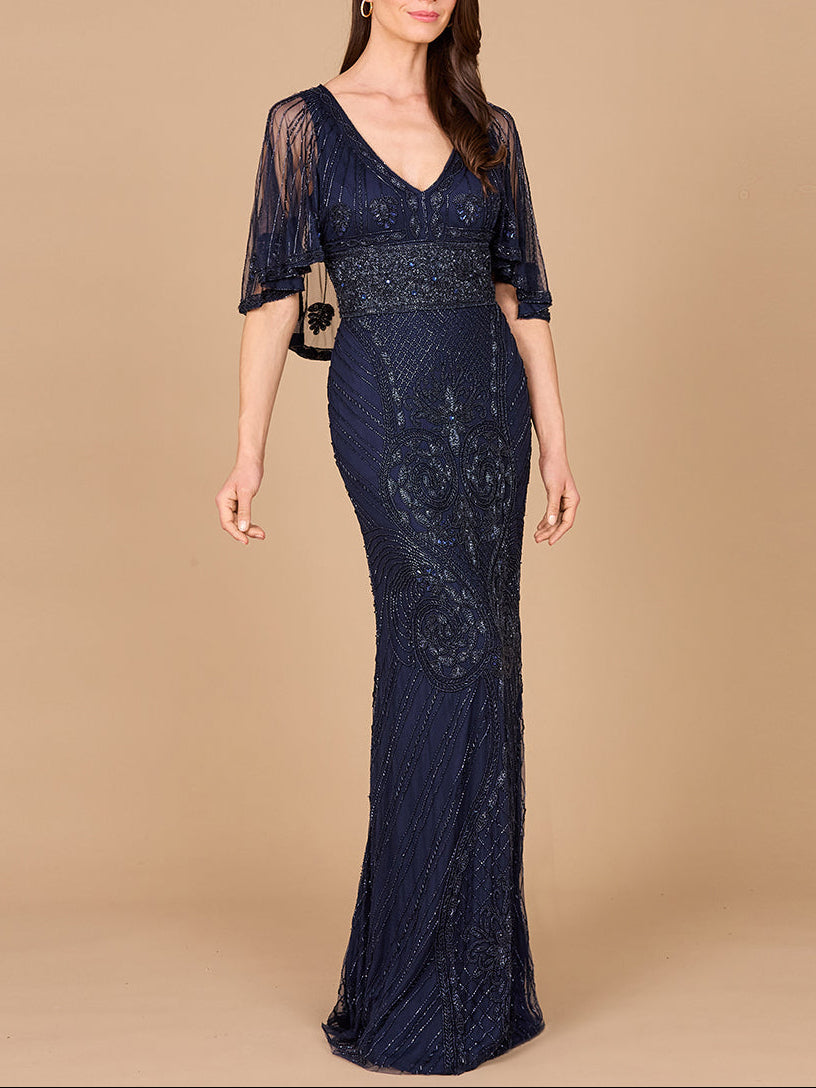 Cape Sleeve V-Neck Beaded Gown