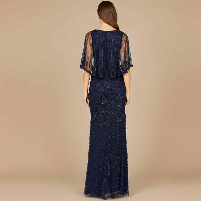 Cape Sleeve V-Neck Beaded Gown