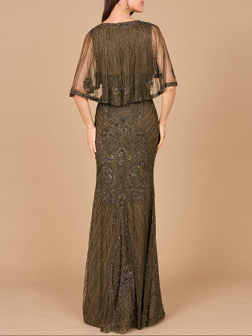 Cape Sleeve V-Neck Beaded Gown