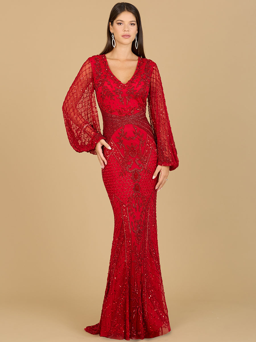 Long Flutter Sleeves Beaded Dress