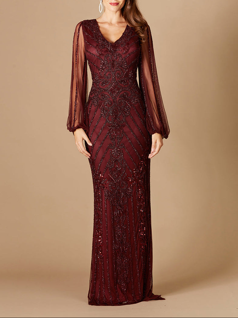 Long Flutter Sleeves Beaded Dress