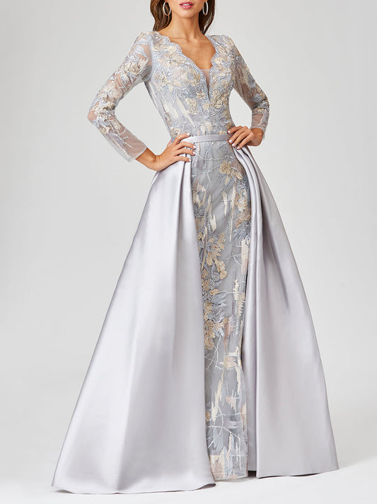 Long Sleeve Lace Gown with Removable Over Skirt | 29468