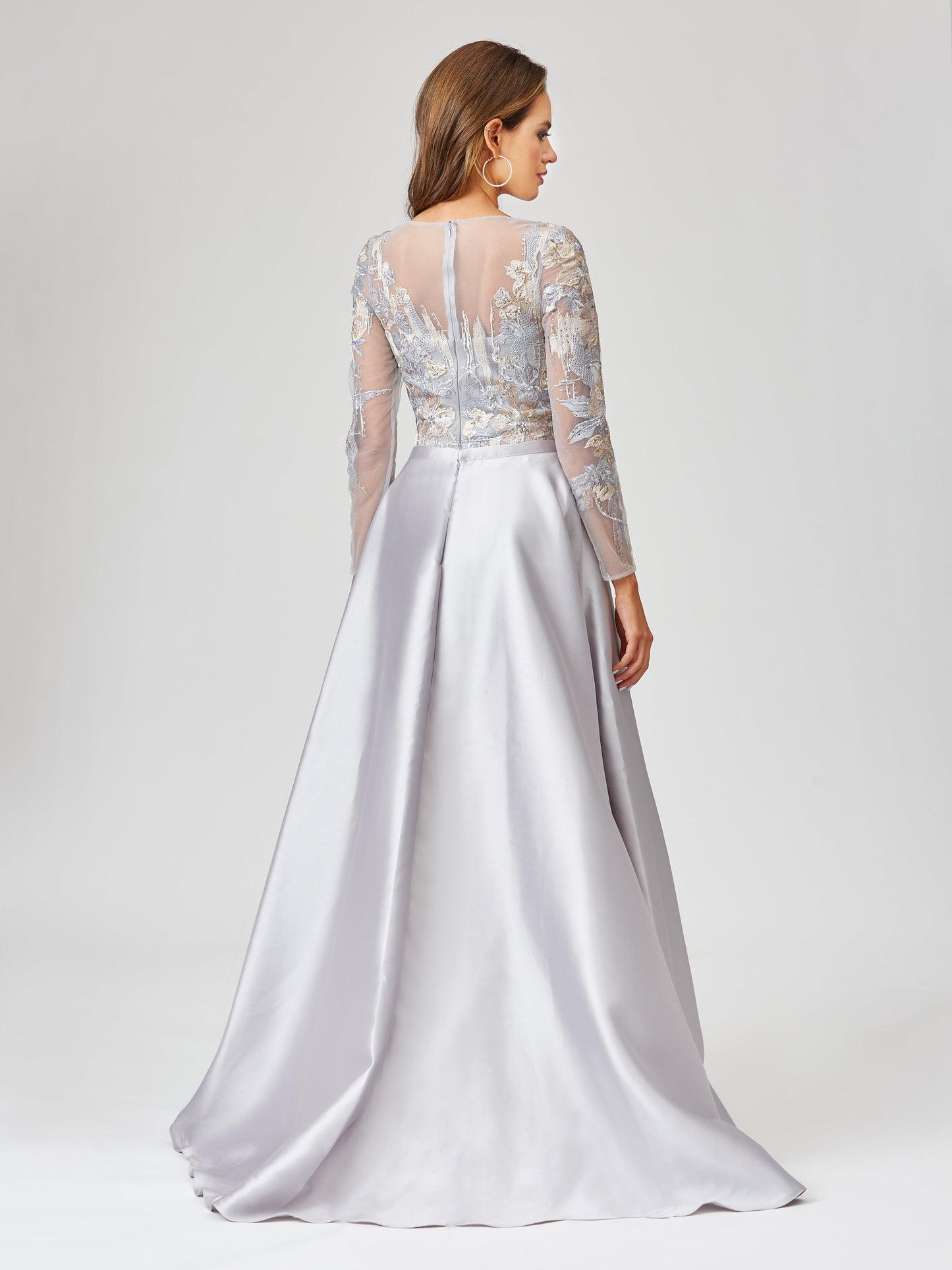 Long Sleeve Lace Gown with Removable Over Skirt | 29468