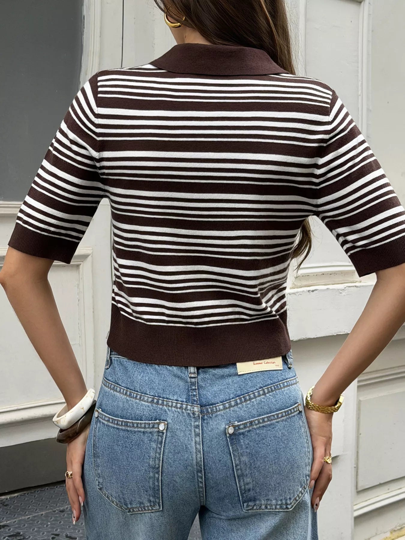 Striped Polo Cropped Knit Top