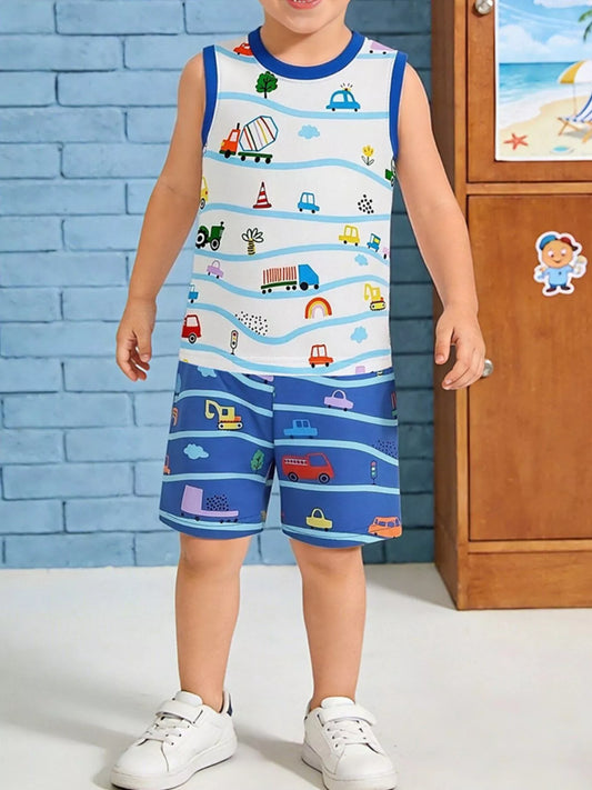 Children's Cartoon Vehicle Print Sleeveless Top & Shorts Set