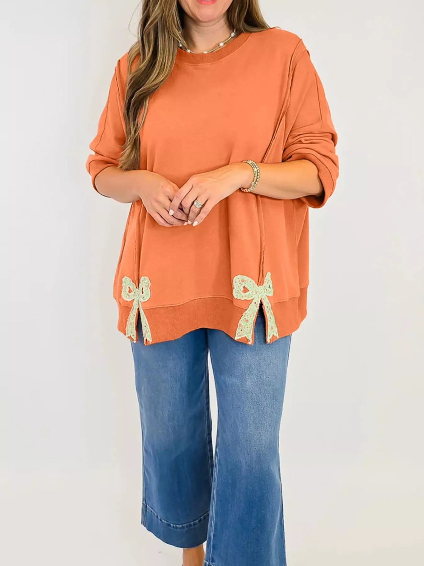 Bow Slit Round Neck Sweatshirt