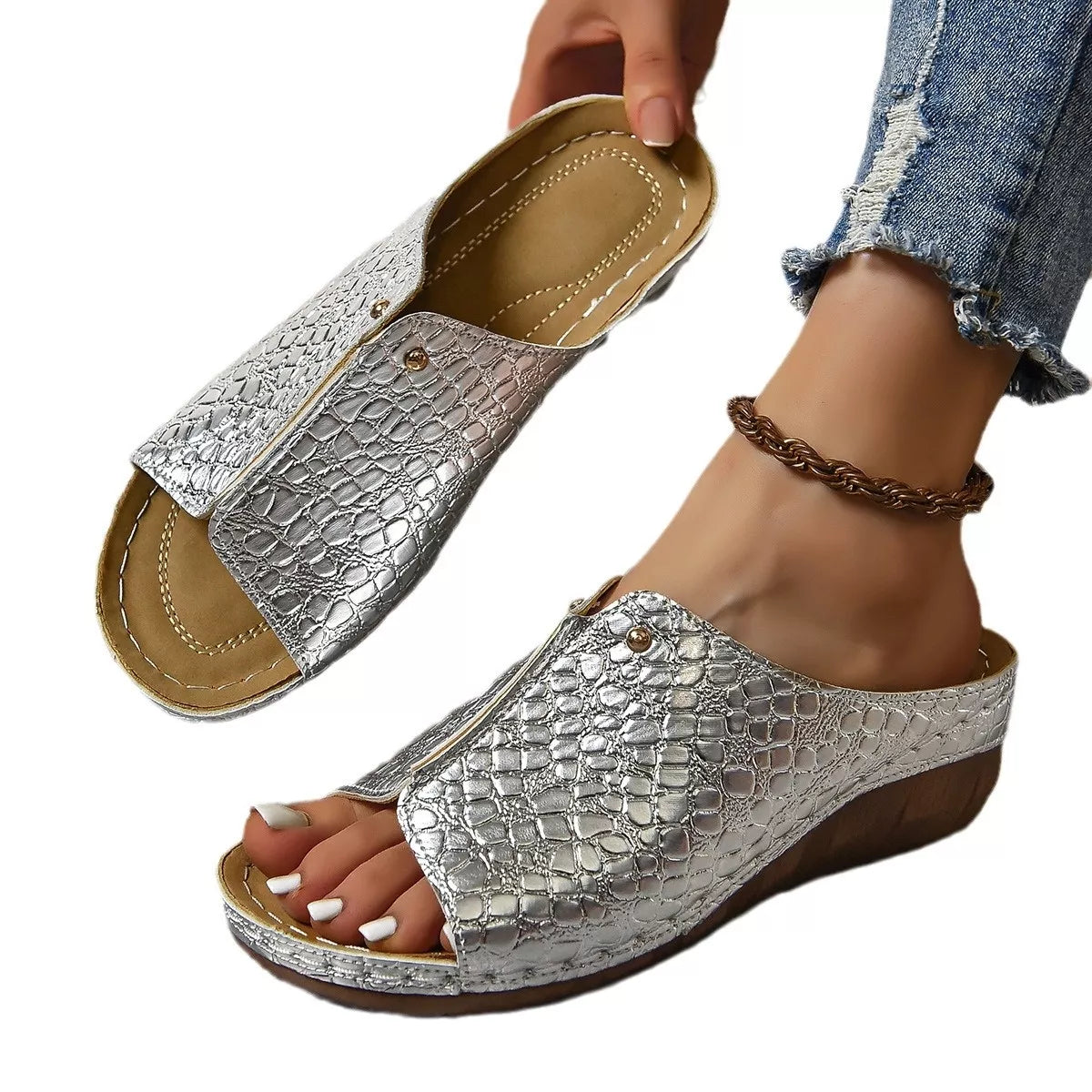 Crocodile-Embossed Wedge Sandals