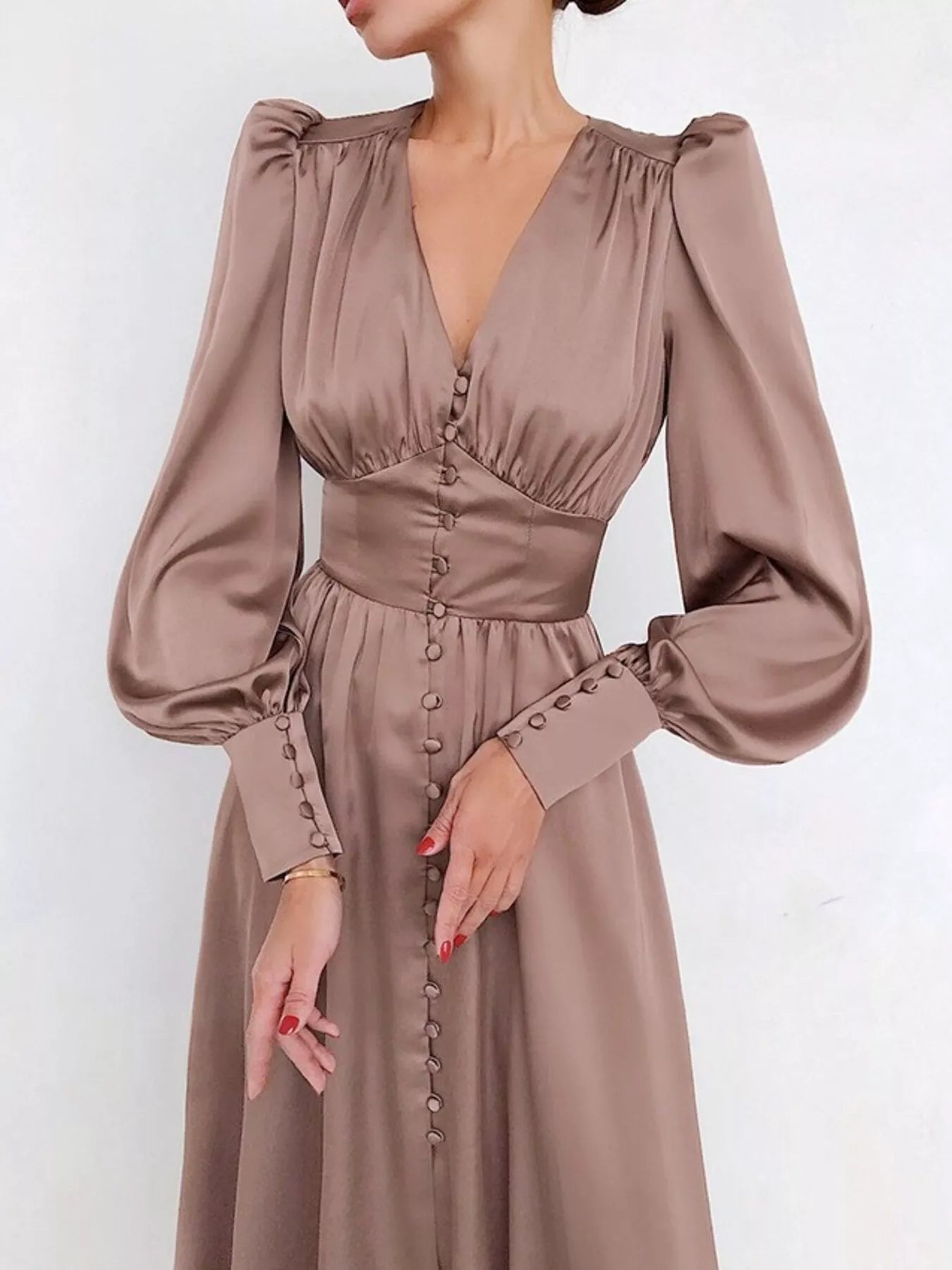 V-Neck Lantern Sleeve Midi Dress