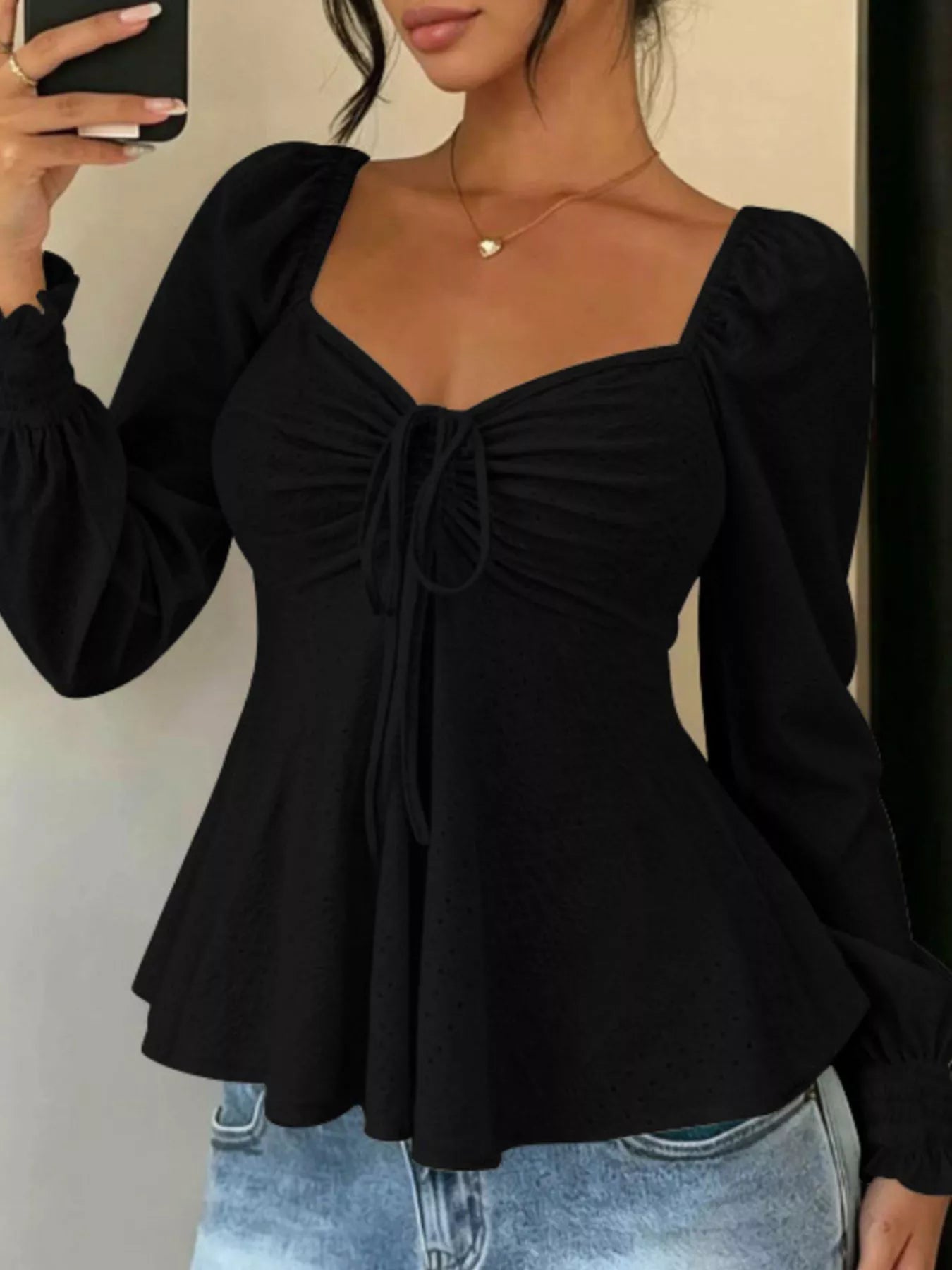 Ruched Sweetheart Neck Long Sleeve Top