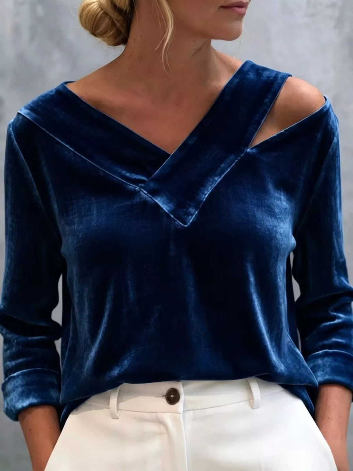 Full Size Velvet Cold-Shoulder V-Neck Blouse Plus Size
