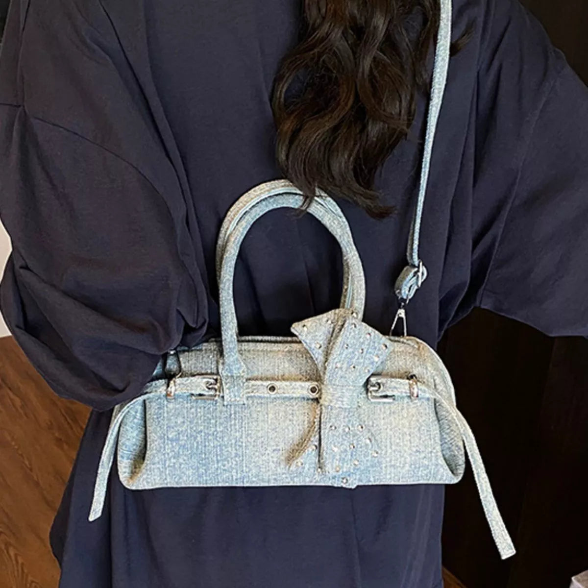 Denim Bow Accent Crossbody Bag