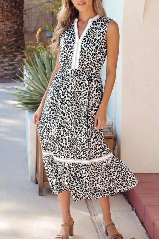 Leopard Print Colorblock Trim Sleeveless Midi Dress