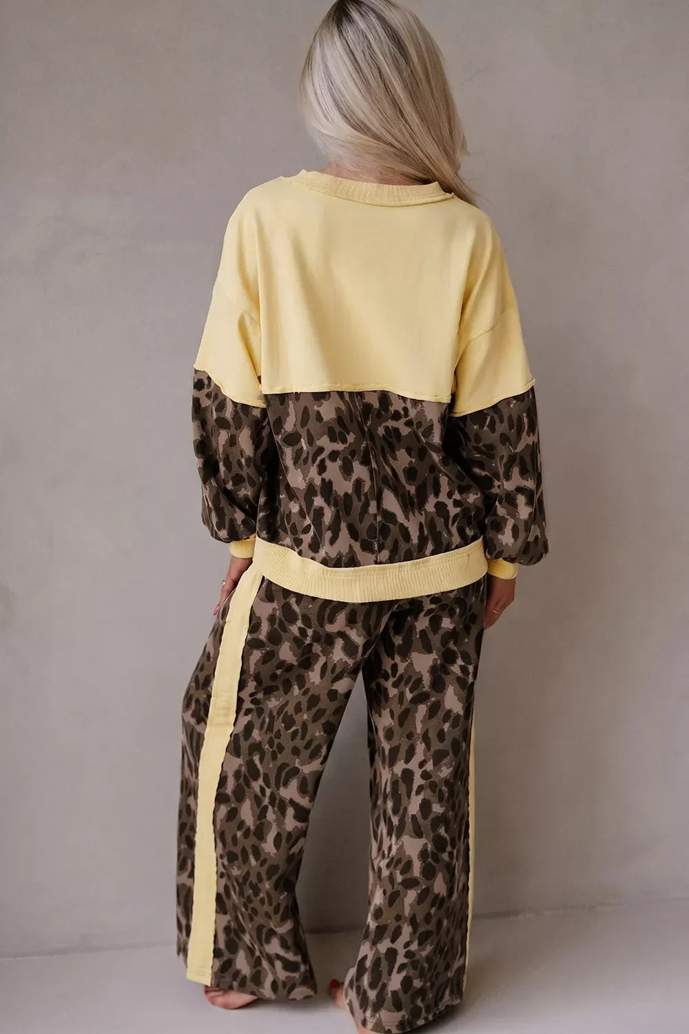 Leopard Print Long Sleeve V-Neck Top & Wide Leg Pant Set