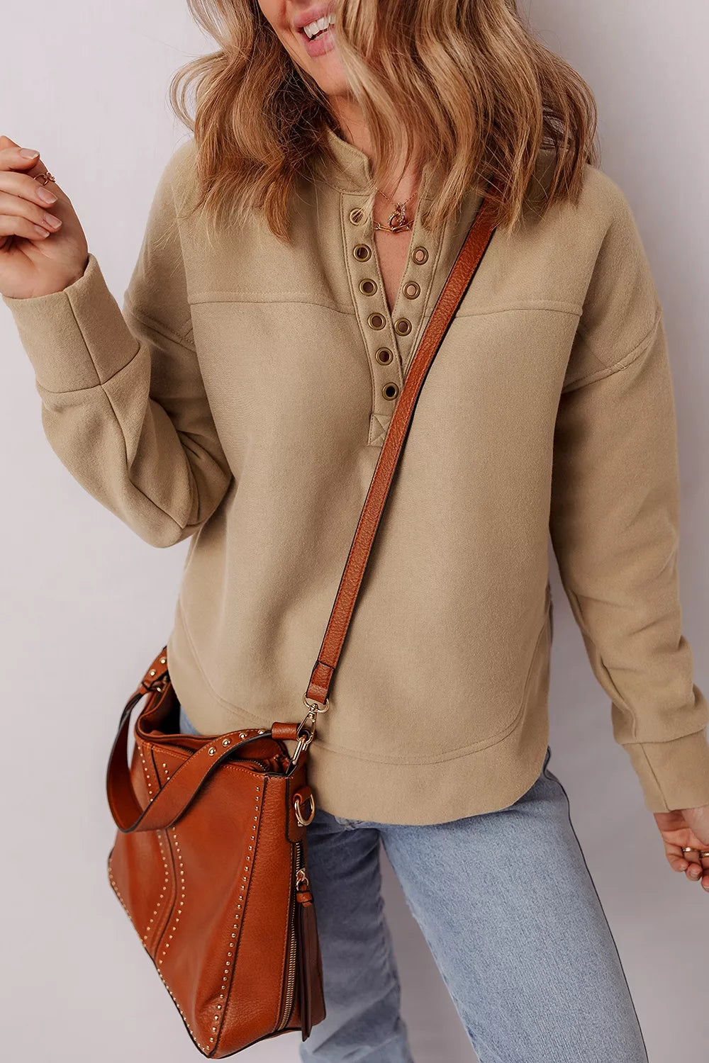 Eyelet Button Placket Dropped Shoulder Sweatshirt