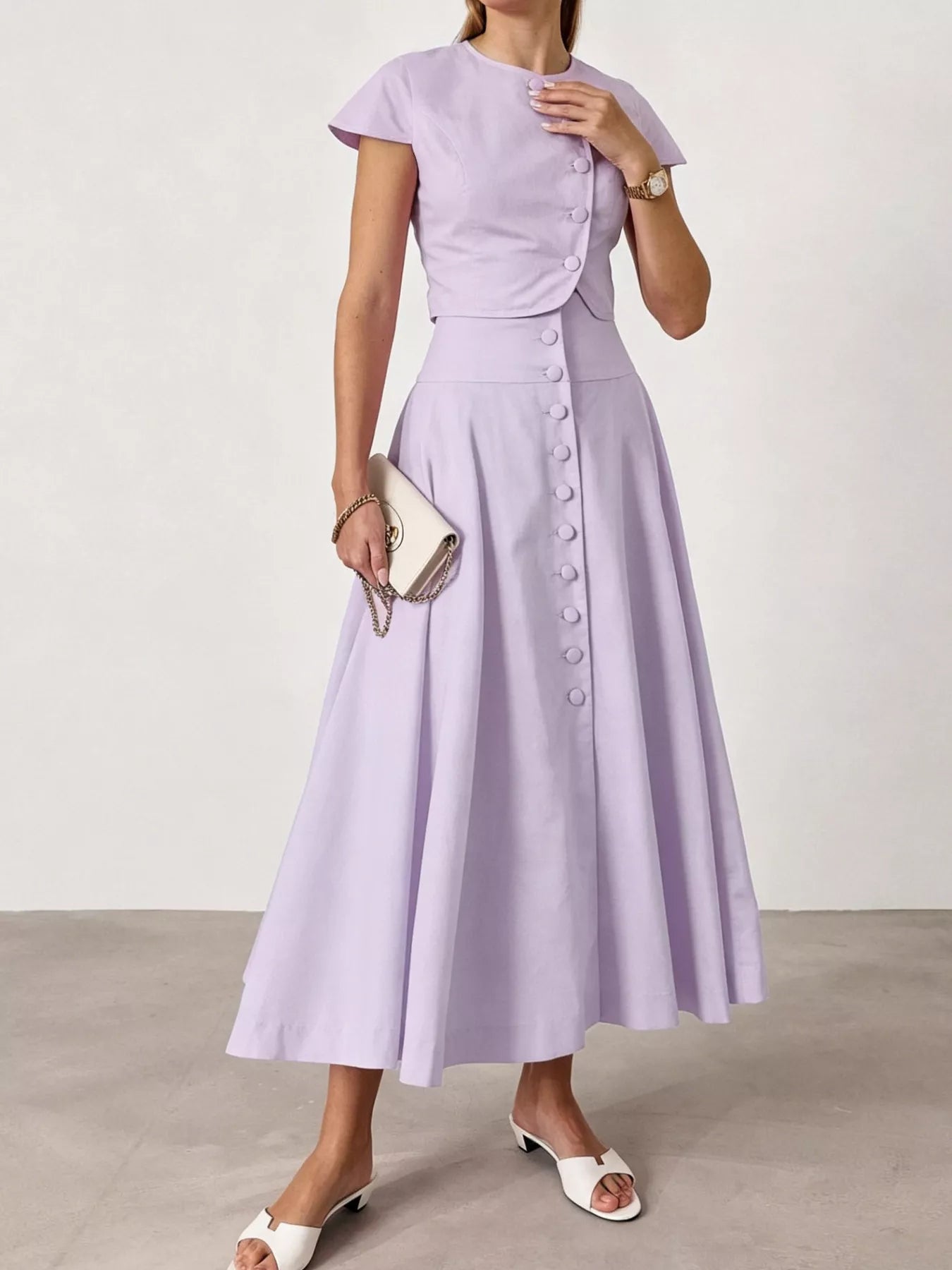 Cap Sleeve Button-Down Crop Top and Midi Skirt Set