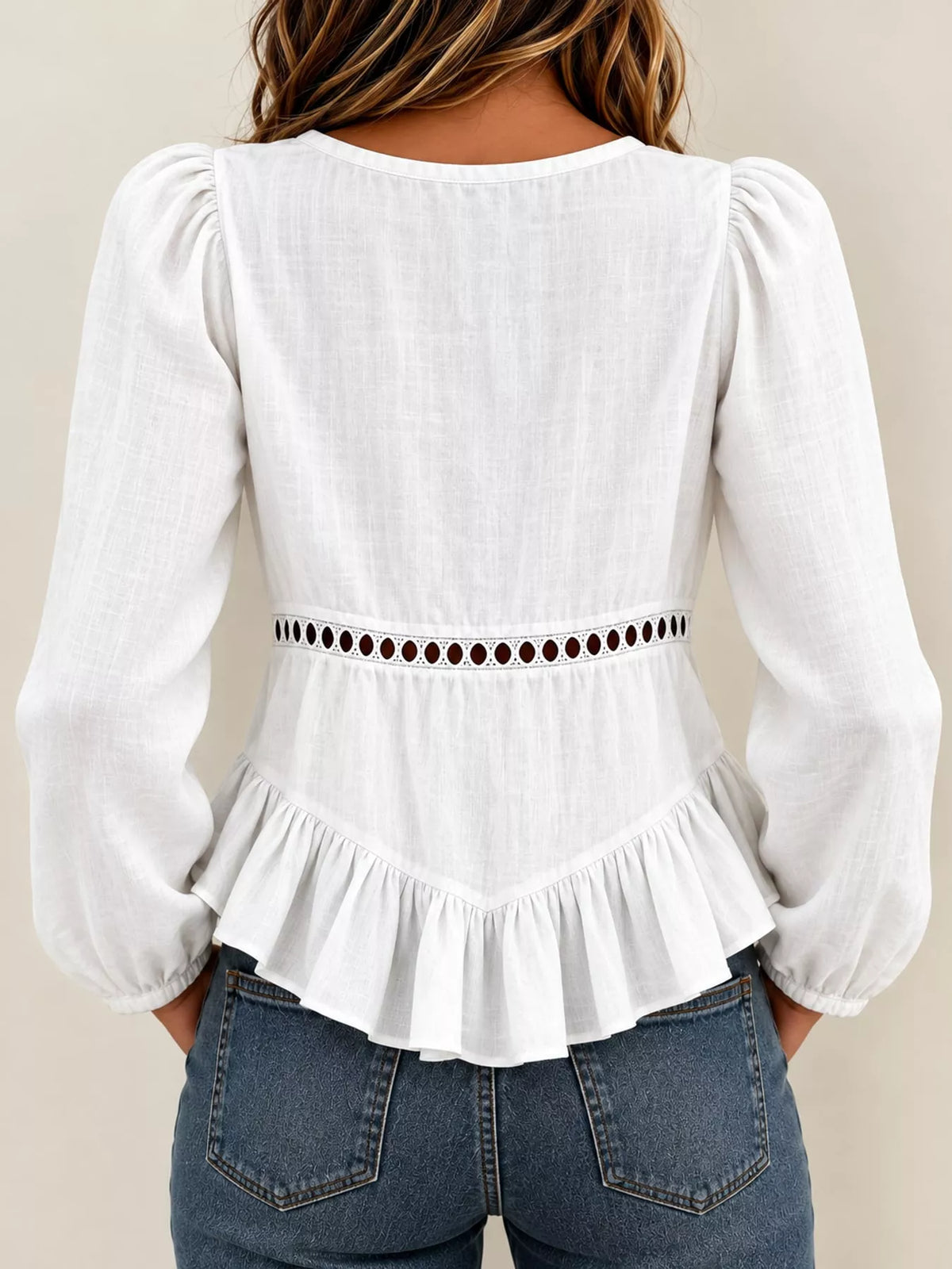 Long Sleeve Blouse with Eyelet Lace Trim and Ruffled Hem