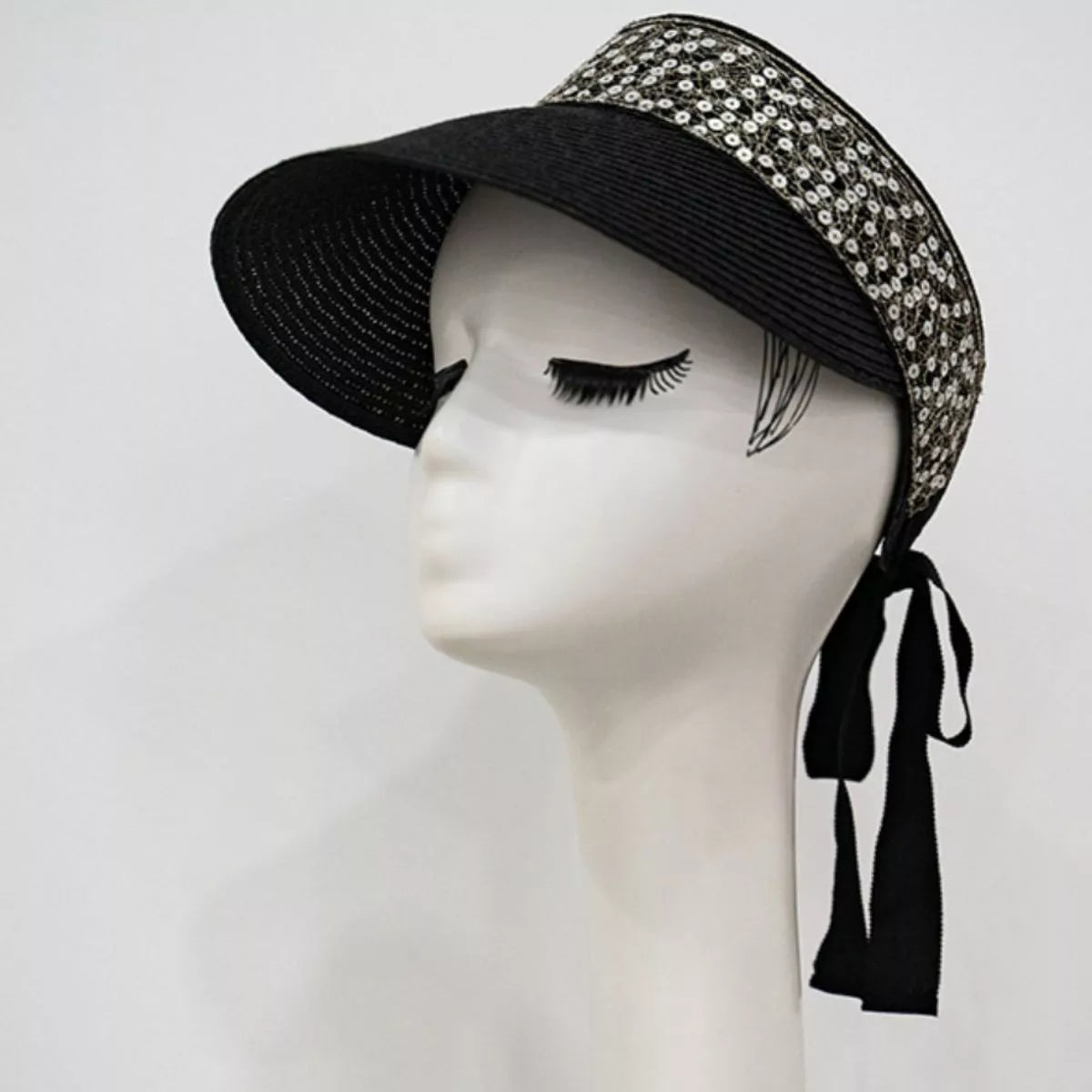 Sequined Visor Sun Hat with Ribbon Tie