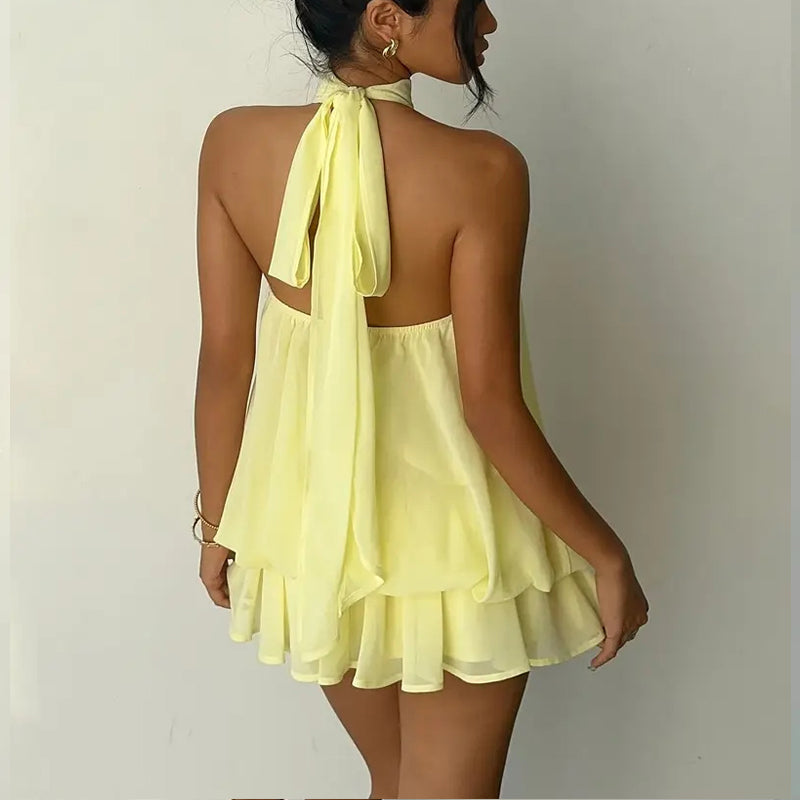 Women's Elegant Halter Mini Dress With Bow Tie Detail Ruffled Design Backless A-Line Summer Dress For Daily & Formal Wear (See size chart where applicable)
