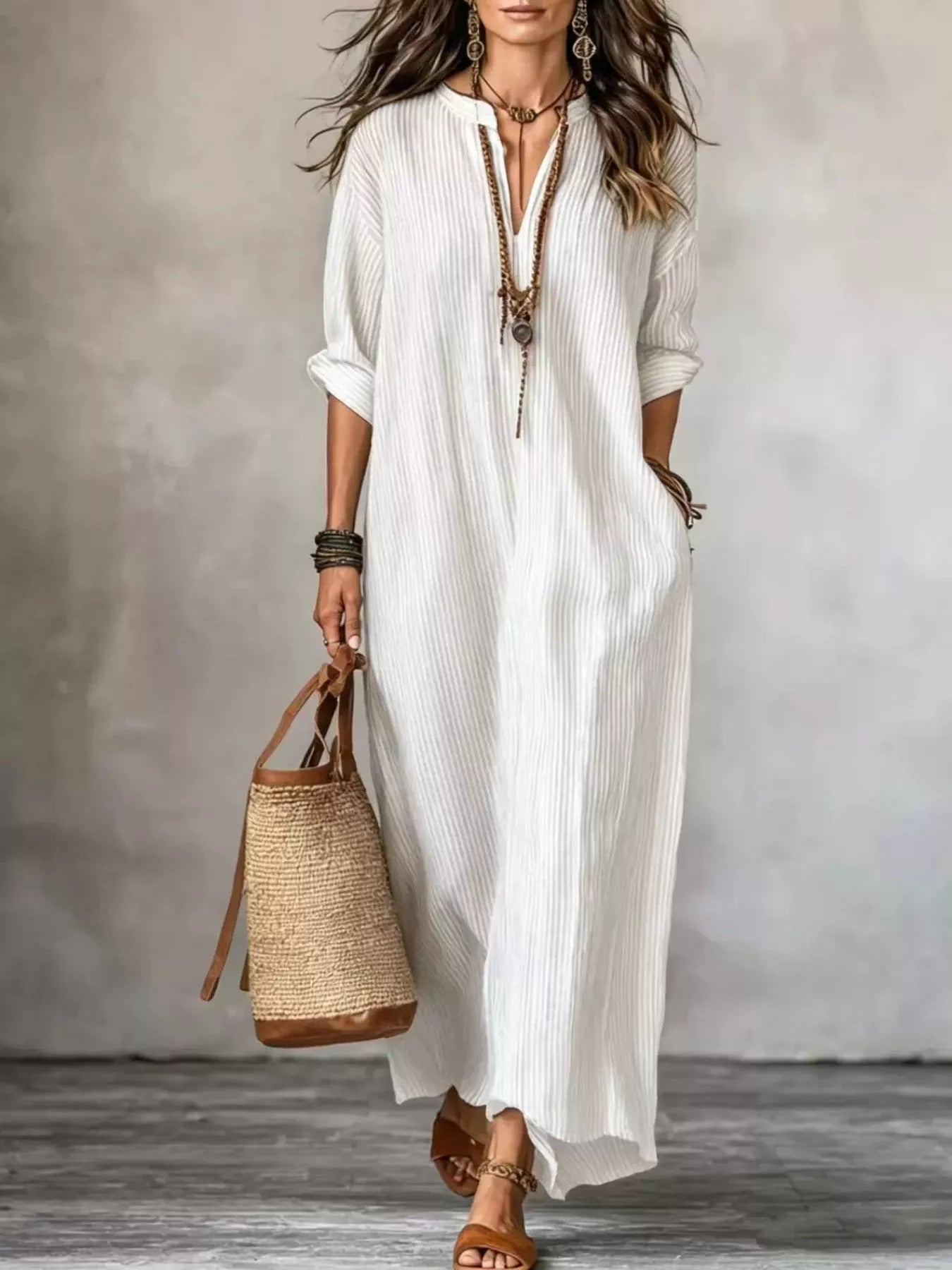 Full Size Striped Notched Maxi Dress with Pockets Plus Size