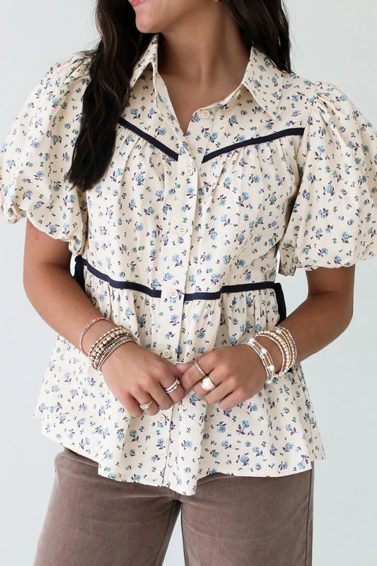 Contrast Trim Floral Puff Short Sleeve Shirt