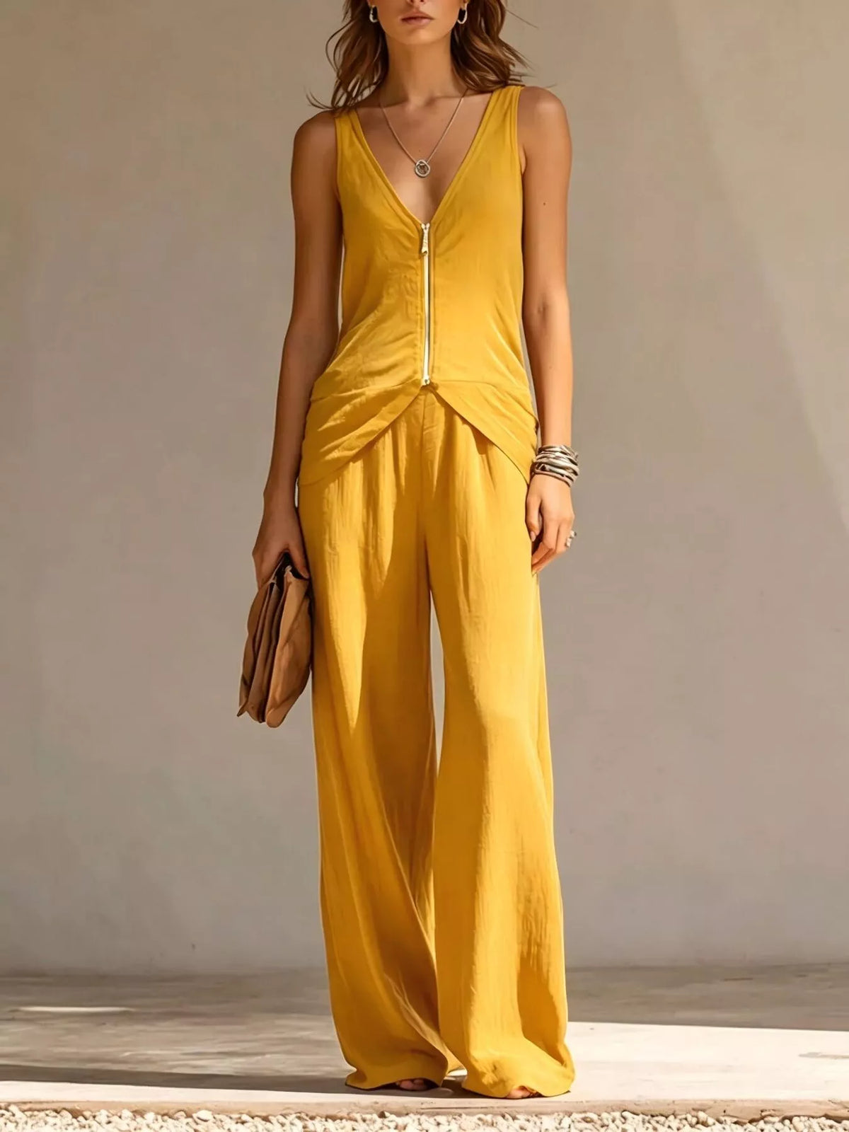Full Size Zipper Front Tank and Wide-Leg Pants Set Plus Size