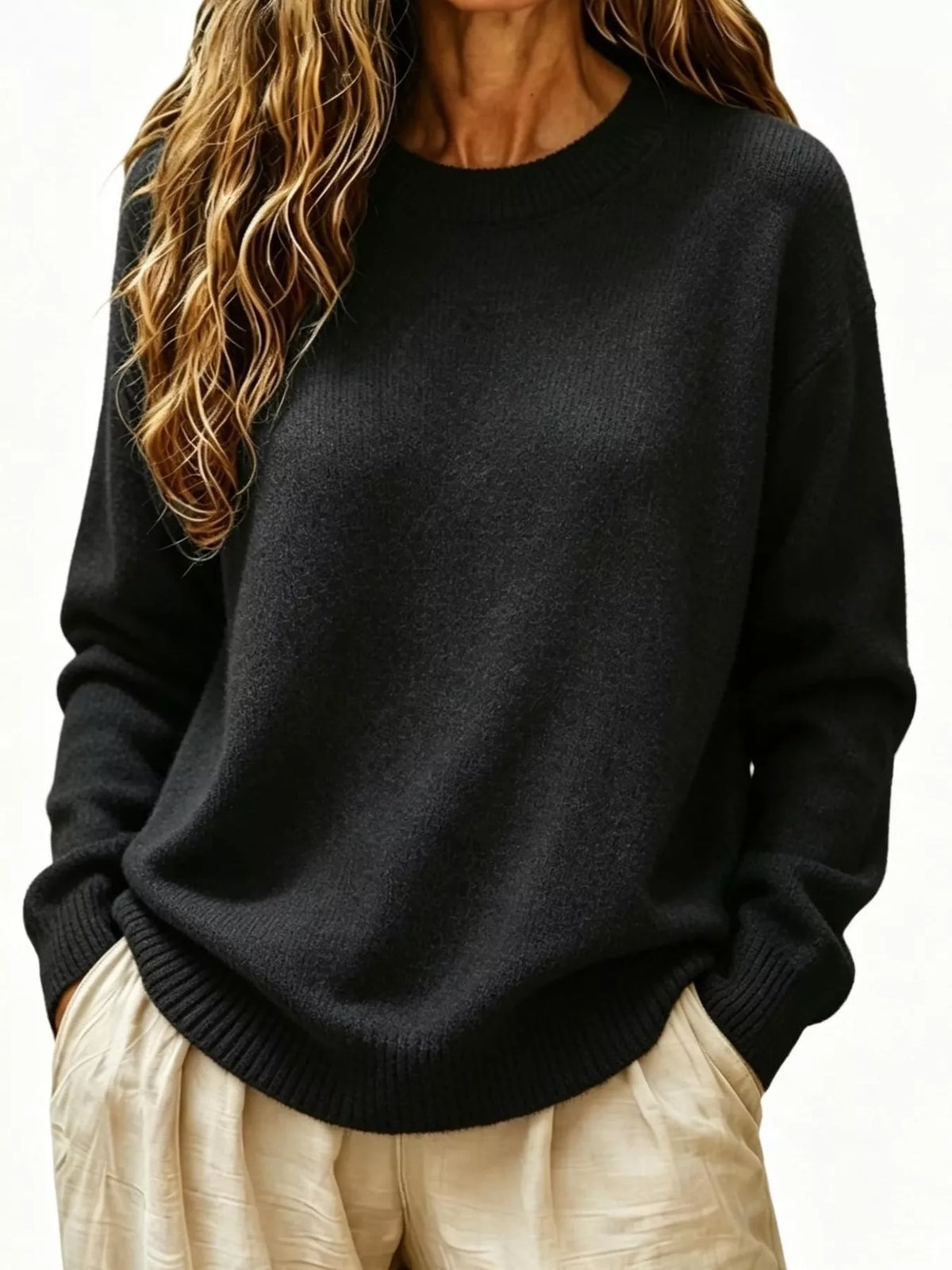 Full Size Round Neck Dropped Shoulder Sweater Plus Size