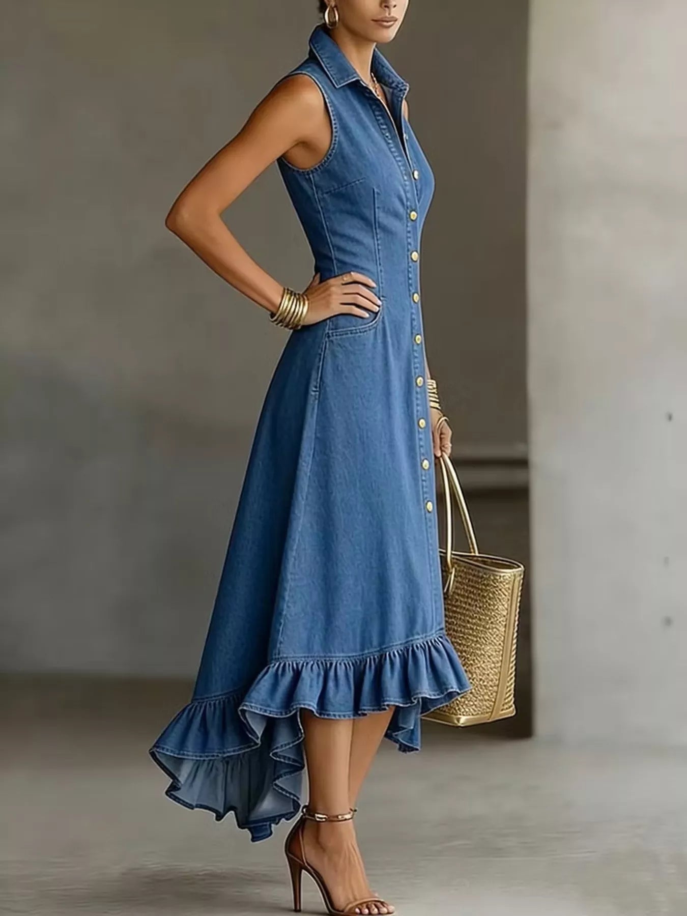 Full Size Sleeveless Ruffled Hem Denim Dress Plus Size
