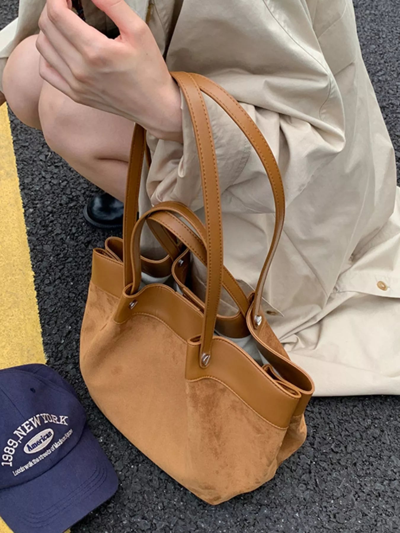 Suede and Leather Trim Shoulder Bag