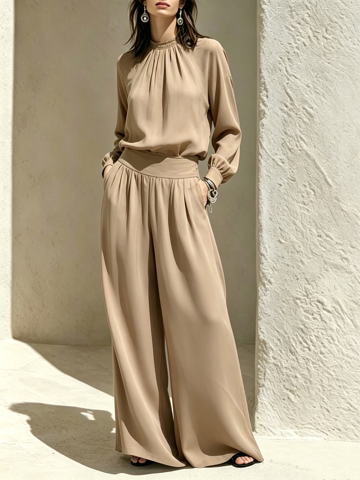 Women's Stand-Up Collar Puff Sleeve Blouse & Wide-Leg Pants Set
