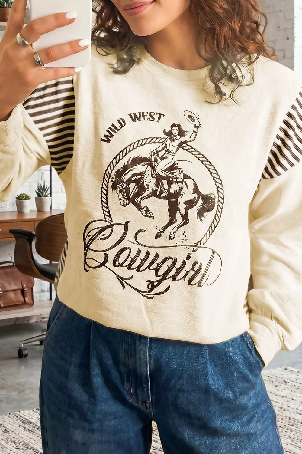 Western Graphic Striped Detail Long Sleeve Casual Top