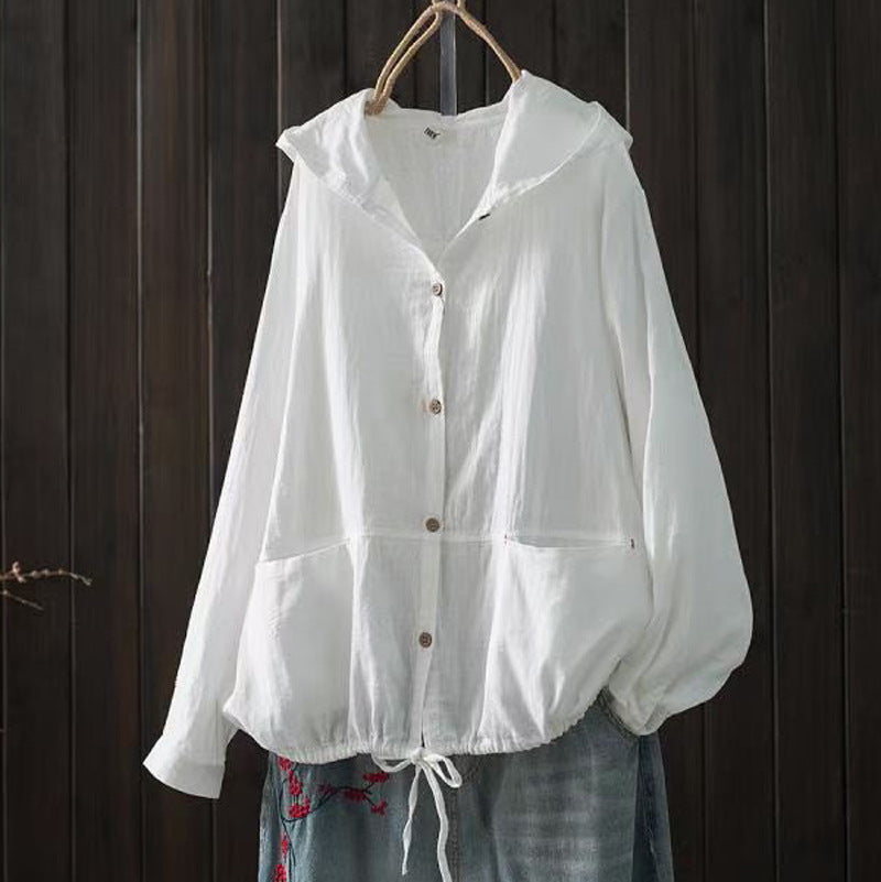 Women's Loose-Fit Hooded Button-Down Top with Drawstring Hem